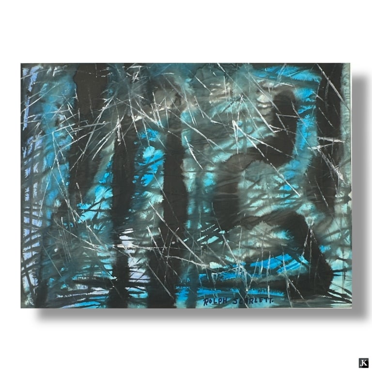 Rolph Scarlett Gouache Sun Glints the Pine Needles: Rolph Scarlett (American 1889-1984) Gouache on Paper "Sun Glints the Pine Needles". Signed lower right, titled verso. Good condition. Set in mat frame. Paper measures 17-5/8" x 23-3/8", mat measures 2