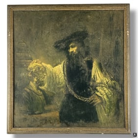 after Rembrandt Oil on Board Aristotle with a Bust