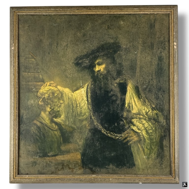 after Rembrandt Oil on Board Aristotle with a Bust: after: Rembrandt, (Dutch 1606–1669) Antique Oil on Board "Aristotle with a Bust of Homer". Unsigned. The original 1653 painting is currently housed in the Metropolitan Museum of Art in New York.