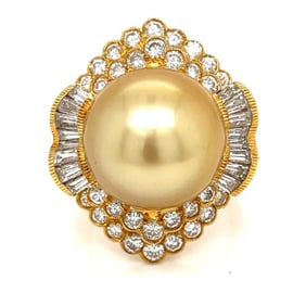 18K Yellow Gold Golden South Sea Pearl & Diamond R