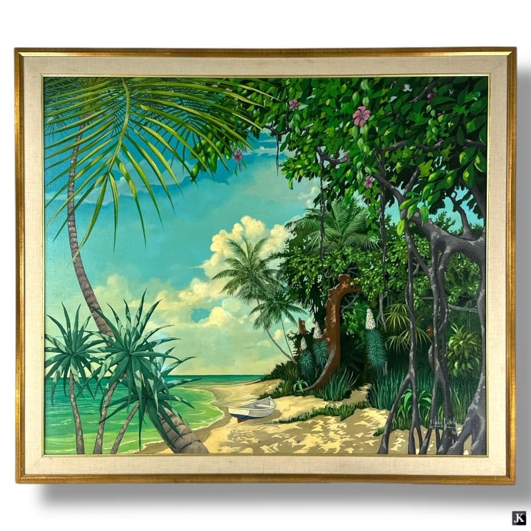 John Kiraly Acrylic on Canvas "Beachscape": John Kiraly, American (b. 1943) Oil on Canvas "Beachscape". Gilt wood frame. Signed and dated '80 lower right. Good condition. Measures 36" x 42", frame measures 41" x 47". LA/B13/LW