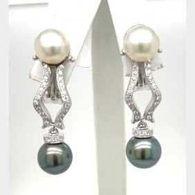 18K White Gold Diamond & Pearl Earrings