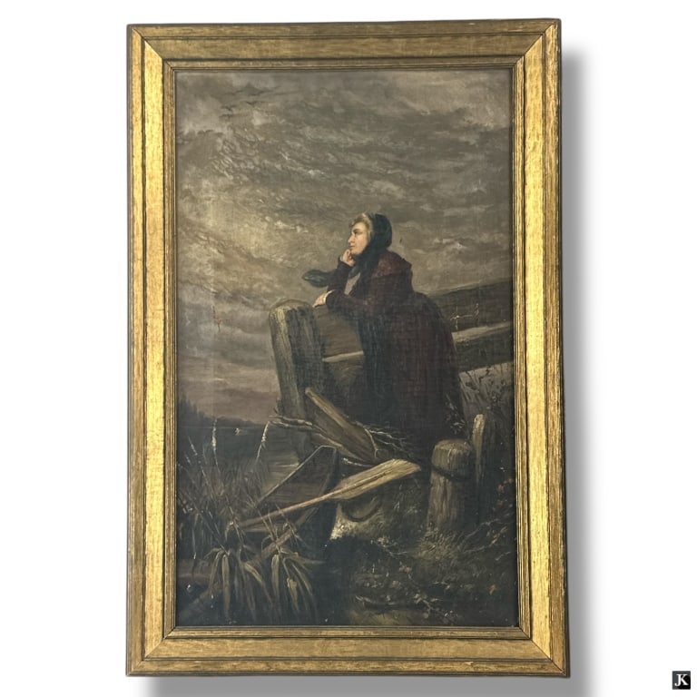 Antique Oil on Canvas "Lady Waiting": Antique Oil on Canvas "Lady Waiting". Depicts a woman looking wistfully over the water. Unsigned. 5 patches to verso, some areas of paintloss., craquelure. "As Is". Measures 29" x 18", frame measures 