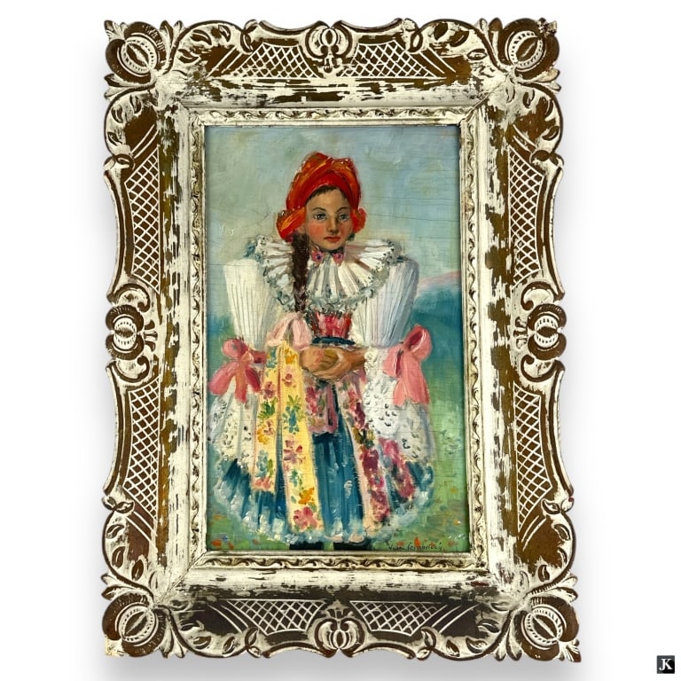 Luisa Cernowicka O/B "Girl in Traditional Costume": Luisa Cernowicka, Czech (1903 - 2009) Oil on board "Girl in Traditional Costume". Signed lower right. In vintage frame. Craquelure, wear to frame consistent with age. Measures 16" x 12", frame measure