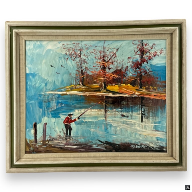 Morris Kate 1988 Oil/Board "Fishing": Morris Kate (20C) Oil on masonite "Fishing". Signed and dated 1988 lower right. Good condition. Measures 24" x 30", frame measures 31-1/2" x 37-12". JD/B13/FW