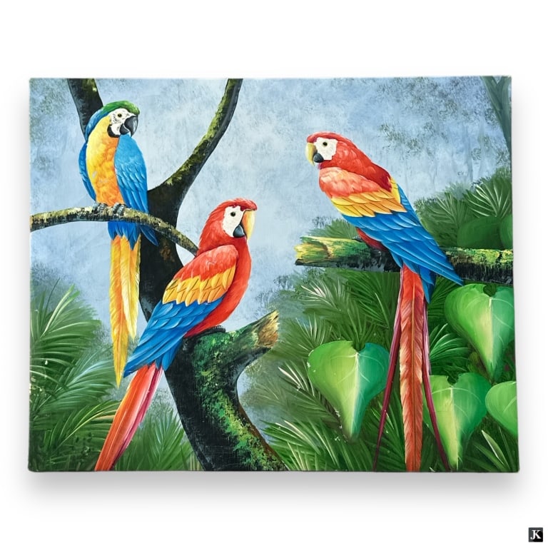 Vintage Oil on Canvas "Colorful Parrots" (1 of 3)