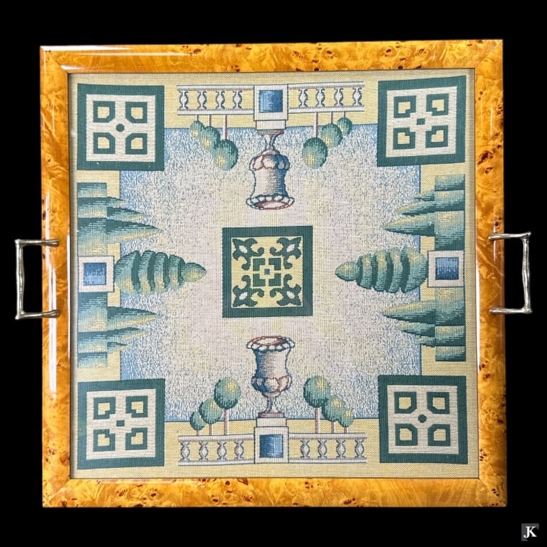 Vintage Chinese Style Cross Stitch Set In Tray: A vintage Chinese style cross stitch set as a tray and further made as a wall hanging. Measures approx. 2 1/4" height x 12 5/8" width x 19 1/2" width. Overall good condition. JD/B13/FW