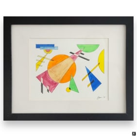 Signed Jan Ink & Watercolor Geometric Work Framed