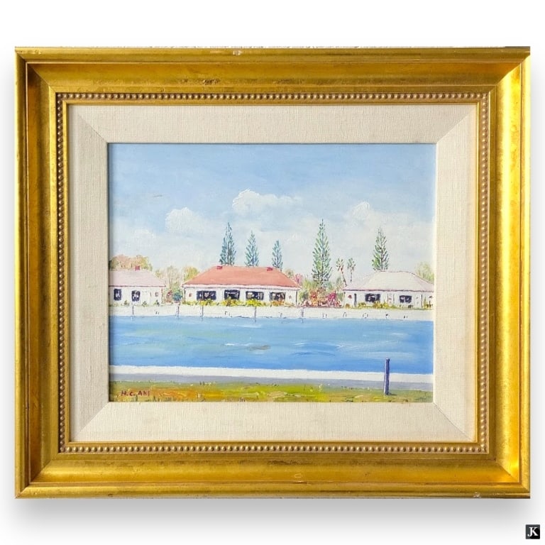Henry Curtis Ahl Jr (USA 1905-1996) Landscape Oil: Henry Curtis Ahl, Jr. (AMERICAN / MASSACHUSETTS / NEW HAMPSHIRE, 1905 - 1996) oil painting on board depicting a landscape scene with inlet and houses. Signed to lower left. Verso of board titled "Alon