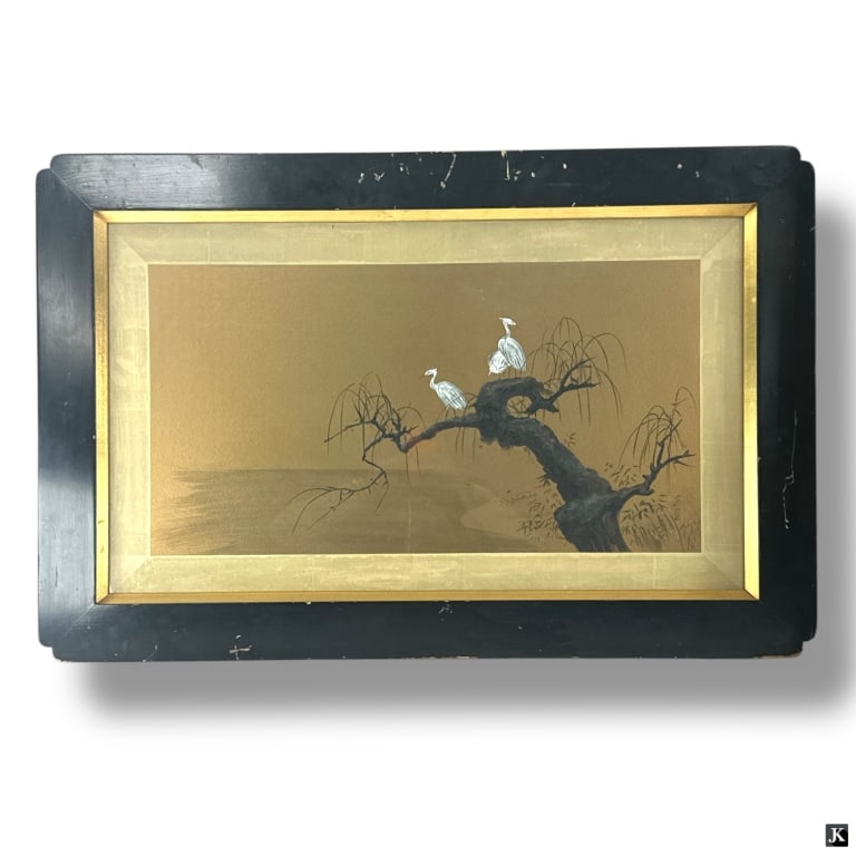 Antique Japanese Watercolor "Egrets" Signed SERGE (1 of 4)