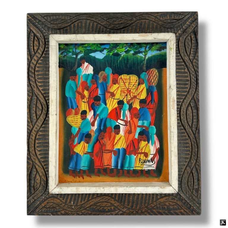 Haitian Oil on Canvas Signed Damas "Market": Haitian Oil on Canvas "Market". Signed Damas lower right. Framed in carved wood frame. Good condition. Measures 10" x 8", frame measures 13-1/2" x 11-1/2". LA/B13/SH:13B