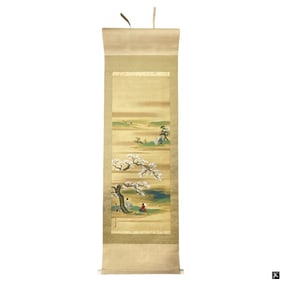 Antique Japanese Oil Painting On Silk Scroll