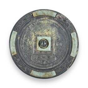 Antique Chinese Bronze Mirror with Jade Inlaid