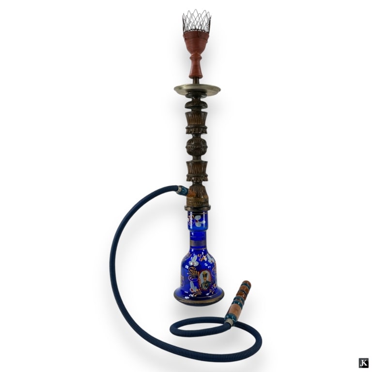 Persian Hand Painted Bohemian Blue Glass Hookah: Persian Hand Painted Bohemian Blue Glass Hookah. Decorated with a portrait of Naser al-Din Shah Qajar Former Shah of Iran. The hookah is complete with clay bowl, carved wood stem and hose with mouthpi