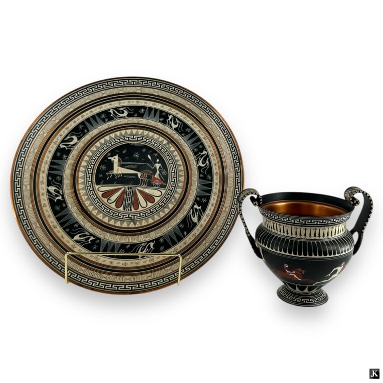Greek Hand Painted Copper Plate & Urn: Greek Hand Painted Copper Plate & Urn. Inscribed on bottom. Good condition. Plate measures 12-3/4" diameter. urn 5-1/2" H. LA/B13/SH:12A