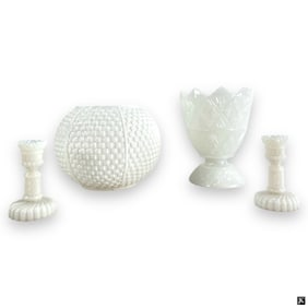 3 Piece Milk Glass + Tiffany "Weave" Vase