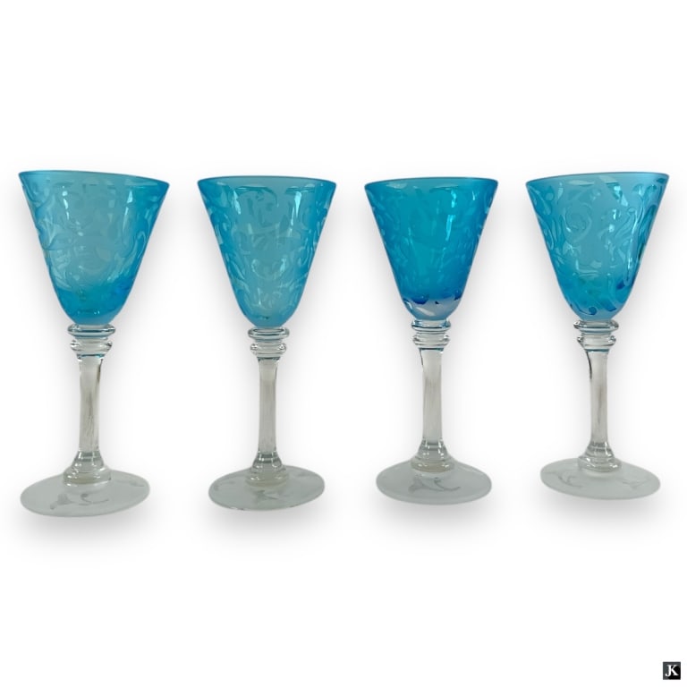 4 Michael Weems "Elise" Wine Wafer Stem Glasses: 4 Michael Weems "Elise Blue" Wafer Stem Wine Glasses. Each with frosted bowl and foot, decorated with a scroll motif. Etched signature and dated 2005. Very good condition. Measures 8-1/2" H. LA/B13/SH