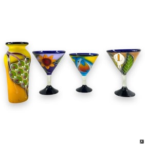 Group of 4 Hand Painted Mexican Glassware Items