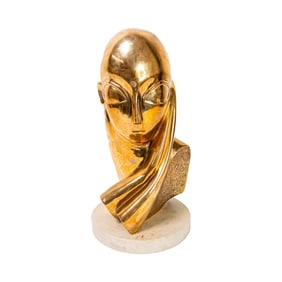 Signed Abstract Modern Gilt Brass Bust Of Man