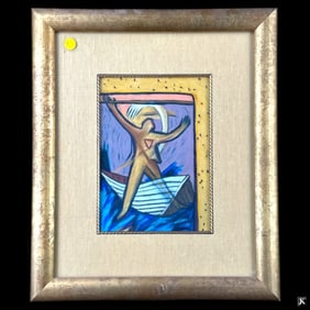 Artist Unknown Signed Pastel Of Man In Boat