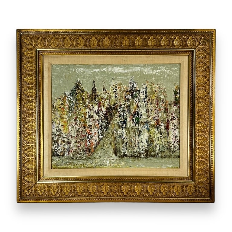 Signed French Impressionist Oil Painting On Board: French Impressionist oil painting on board depicting a street scene. Signed Illegibly to lower left. Mounted in an ornage gilt wooden frame. Board measures approx. 17 1/4" height x 21 1/4" width to si