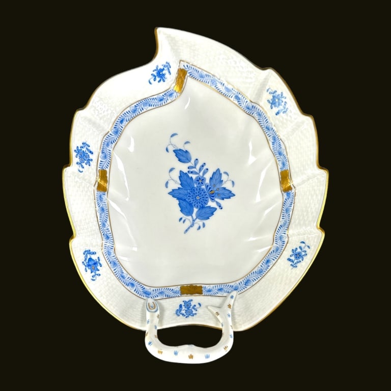 Herend Hungary "Chinese Bouquet Blue" Leaf Bowl: Herend Hungarian hand painted porcelain leaf form handled serving bowl in the "Chinese Bouquet Blue" pattern depicting blue flowers with gilt accent. Blue stamp marks to bottom. Measures approx. 2 5/8