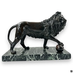 Vintage Bronze Lion With Ball on Marble Base