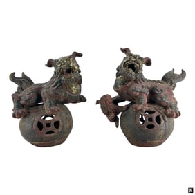 Pair Antique Chinese Cast Iron Foo Dogs