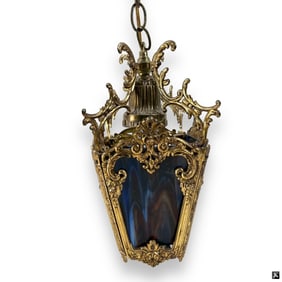 Antique Cast Metal & Slag Glass Hanging Lamp