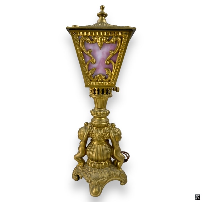 Vintage Cast Metal and Slag Glass Boudoir Lamp (1 of 3)