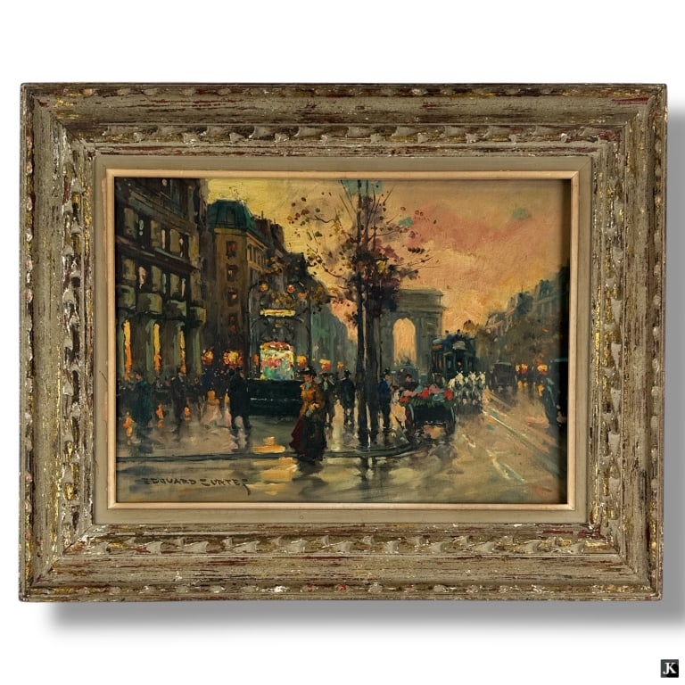 Edouard Cortes French 1882-1969: Edouard Cortes French 1882-1969. Paris Scene. Oil on canvas. Total framed measures 20 1/2 inches high x 25 inches wide. Artwork Measures 13 inches high x 18 inches wide. JK/B17