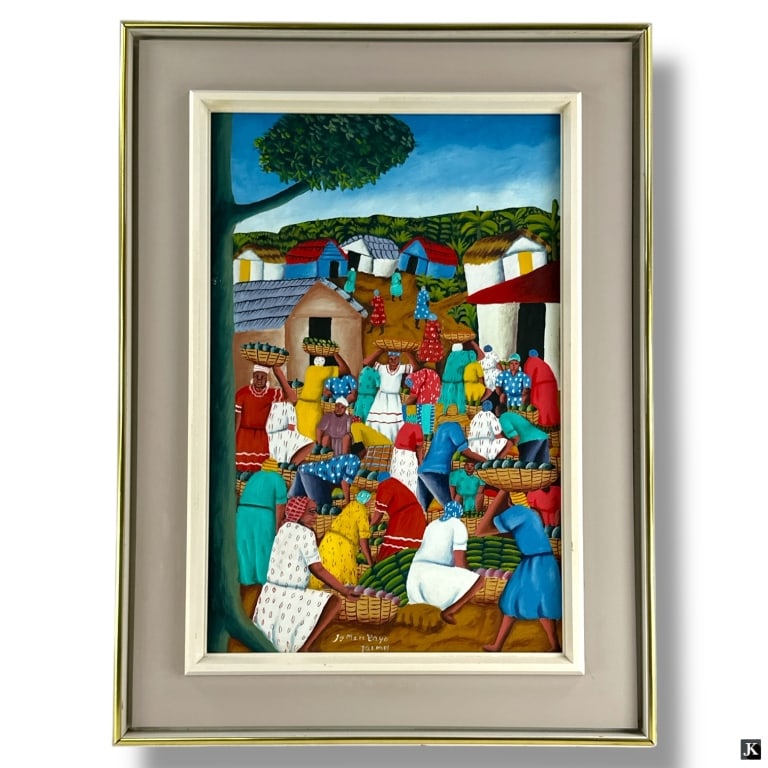 Artist Signed Haitian oil painting: Artist Signed Haitian oil painting. Signed lower left. oil on canvas. Jo Mare Layo Total framed measures 31 inches high x 21 1/2 inches wide. JK/B13/SH:16A
