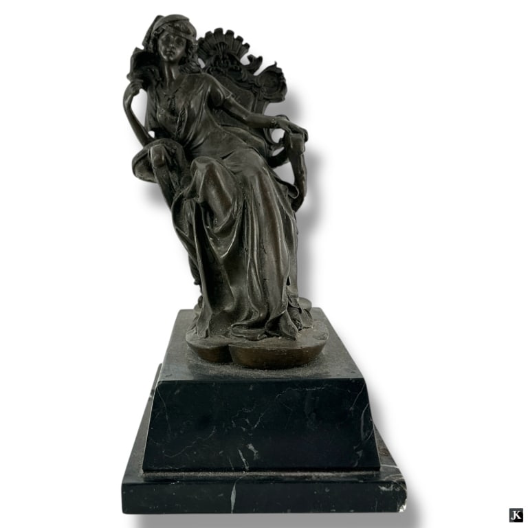 Vintage MILO Bronze Figure "Girl in Chair": Vintage MILO Bronze Figure "Girl in Chair". On black marble base. Signed MILO. Losses to base corners or in condition consistent with age. Measures 11" H x 9-1/4" x 5-3/4". LA/B13/SH:1A