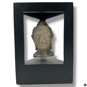 A chinese Carved Stone Head In 3D Frame