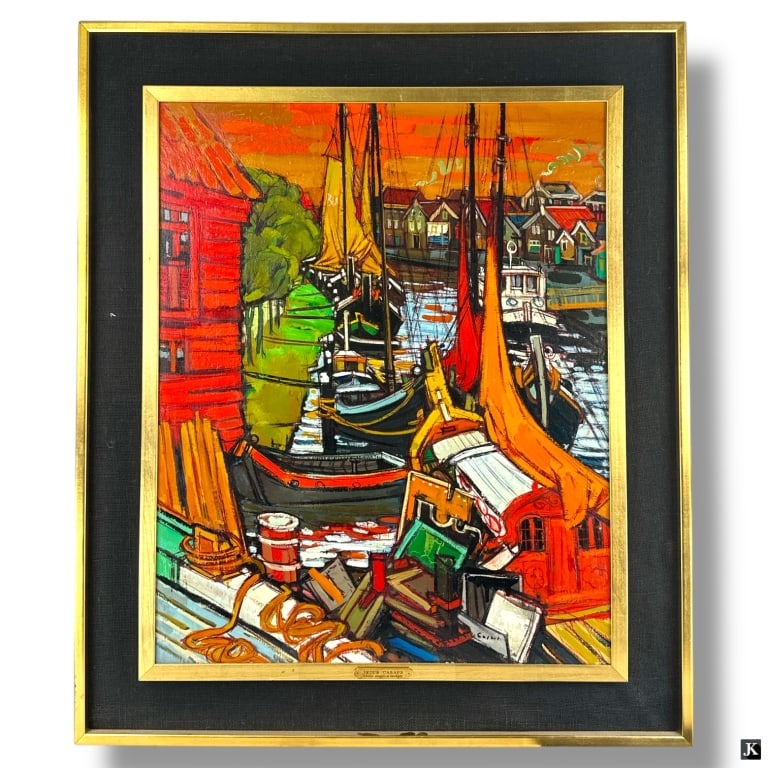 Jesus Casaus Oil/Canvas "voiles rouges et oranges": Jesus Mecko Casaus, Spanish (1926 - 2002) Oil on Canvas "voiles rouges et oranges" (red and orange sails). Signed lower right. Good condition. Measures 34" x 27-1/4" (sight), frame measures 44" x 37-1