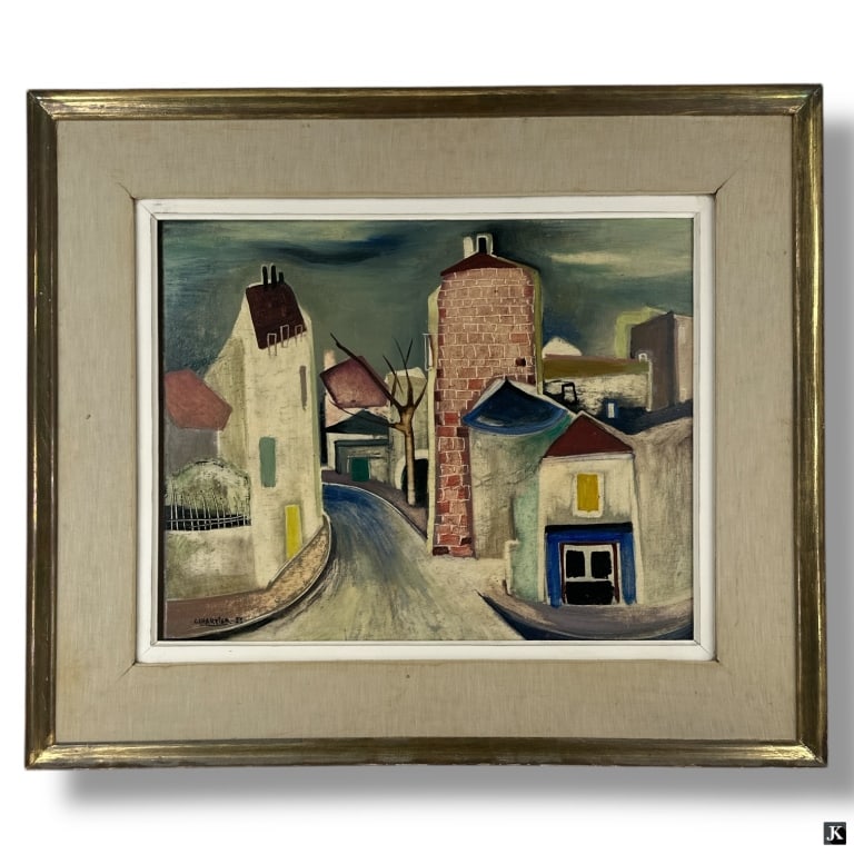 Charles Chartier Oil on Board "French Village" '59: Charles Chartier (French, 1894-1957) Oil on board "French Village". Signed and dated '59 lower left. Good condition. Measures 21" x 25-3/4", frame measures 31-1/2" x 37". LA/B13/RR After: Etienne Henr