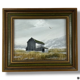 Gary Ampel Oil on Board "Barn In Winter Landscape"