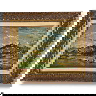 Lorenzo Delleani Oil/Board Italian Landscape: Lorenzo Delleani, Italian (1840 - 1908) Impressionist oil on board "Italian Hillside Landscape". Presented in gilt frame. Initialed and dated 13/7/73 lower right. Stamped verso: Opera di Lorenzo Delle
