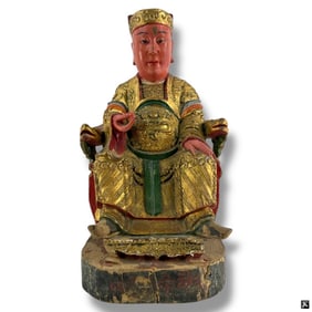 Antique Chinese Carved & Painted Emperor Sculpture