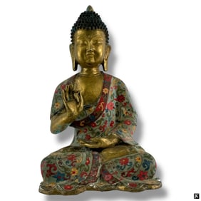 Antique Thai Bronze Cloisonne Seated Buddha Figure