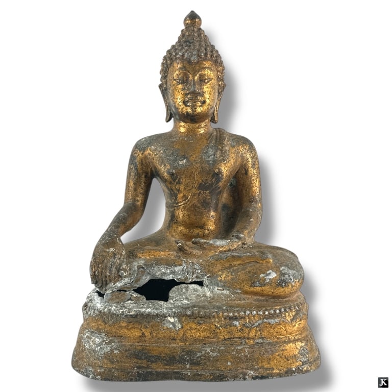Antique Thai Gilt Bronze Clad Terracotta Buddha: Antique Thai Gilt Bronze Clad Terracotta Buddha Figure. Unsigned. Losses and wear consistent with age. Measures 15" H x 11" W x 7" D. LA/B13/SH:2A