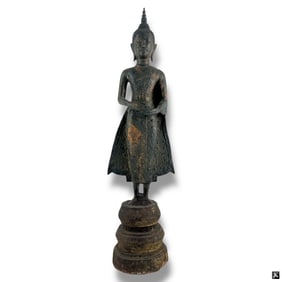 Early Thai Bronze & Carved Wood Buddha Figure
