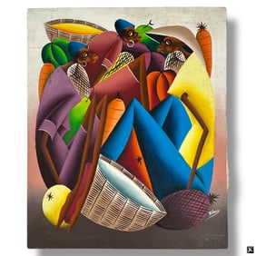 Vintage Haitian Oil on Canvas "Fruit Sellers"