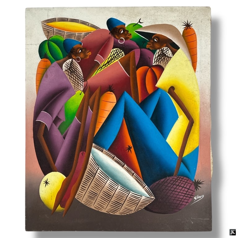 Vintage Haitian Oil on Canvas "Fruit Sellers": Vintage Haitian Oil on Canvas "Fruit Sellers". Signed St. Louis lower right. Unframed. Good vintage condition. Measures 24" x 20". LA/B13/SH:3A