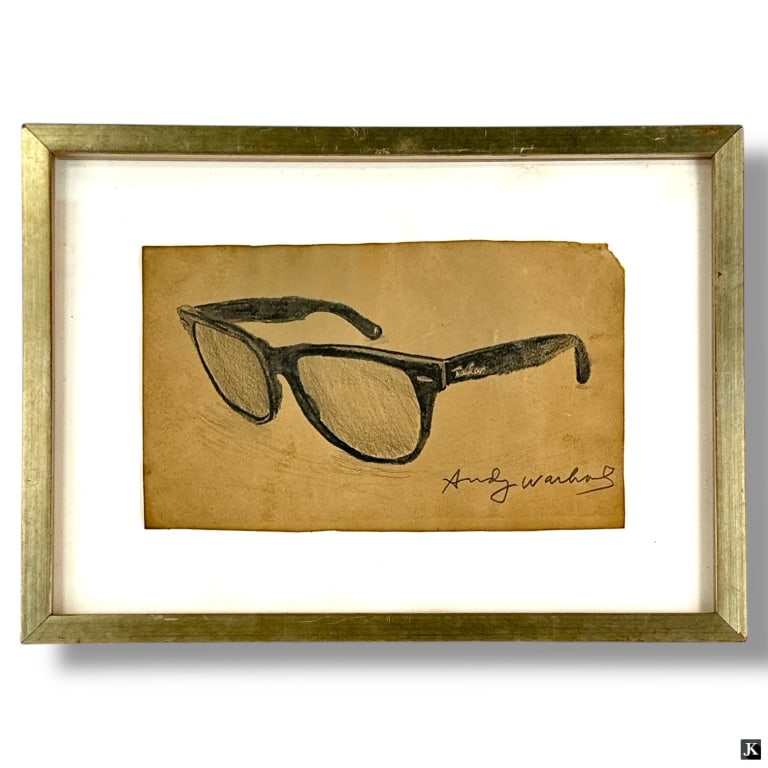 after: Andy Warhol Pencil Sketch "Ray-Ban": after: Andy Warhol Pencil Sketch "Ray-Ban". Signed lower right. Framed, matted and presented under a glass screen. Toning, loss to upper right corner and wear to frame from storage. Measures 6" x 10",