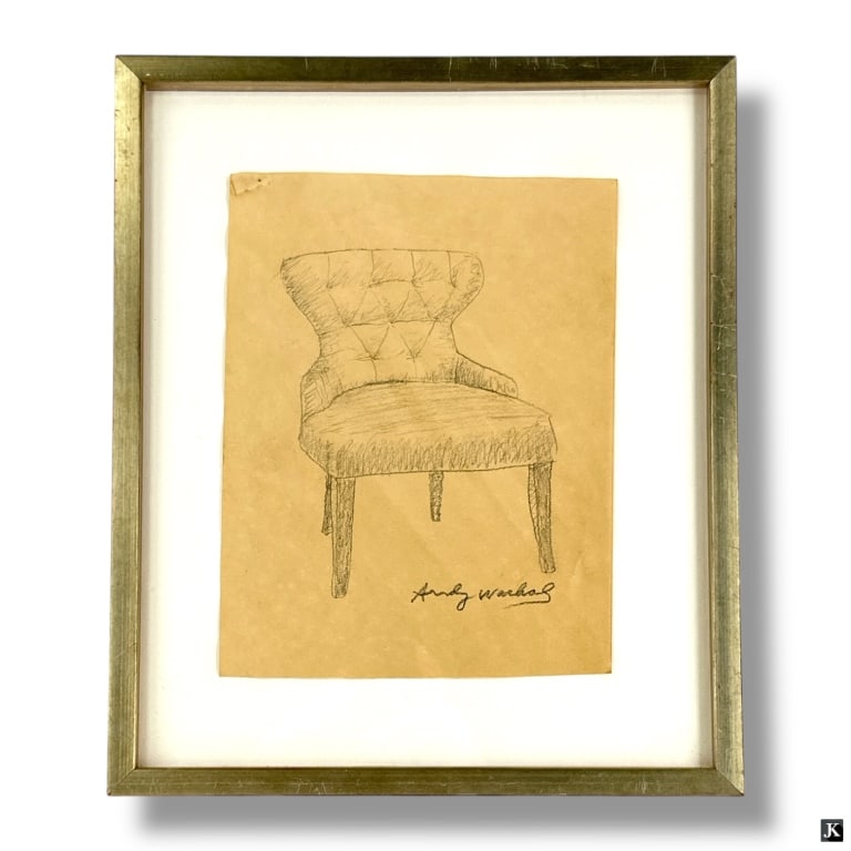 afterAndy Warhol Pencil Sketch "Upholstered Chair": after: Andy Warhol Pencil Sketch "Upholstered Chair". Signed lower right. Framed, matted and presented under a glass screen. Toning and wear to frame from storage. Measures 11" x 8-1/2", frame measure