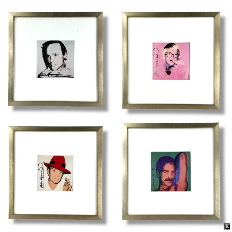 4 Andy Warhol Offset Prints, Portraits of the 70s: Collection of 4 after: Andy Warhol Color Offset Prints, Portraits of the 70s. Includes: Michael Heizer, David Hockney, Truman Capote, Victor Hugo. Signed. Framed, matted and presented under a glass sc