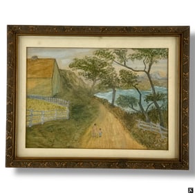 Vintage Watercolor "Figures on a Country Lane"