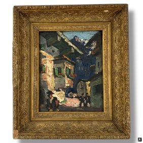 Vintage Judaica Oil on Masonite "Men in Village"