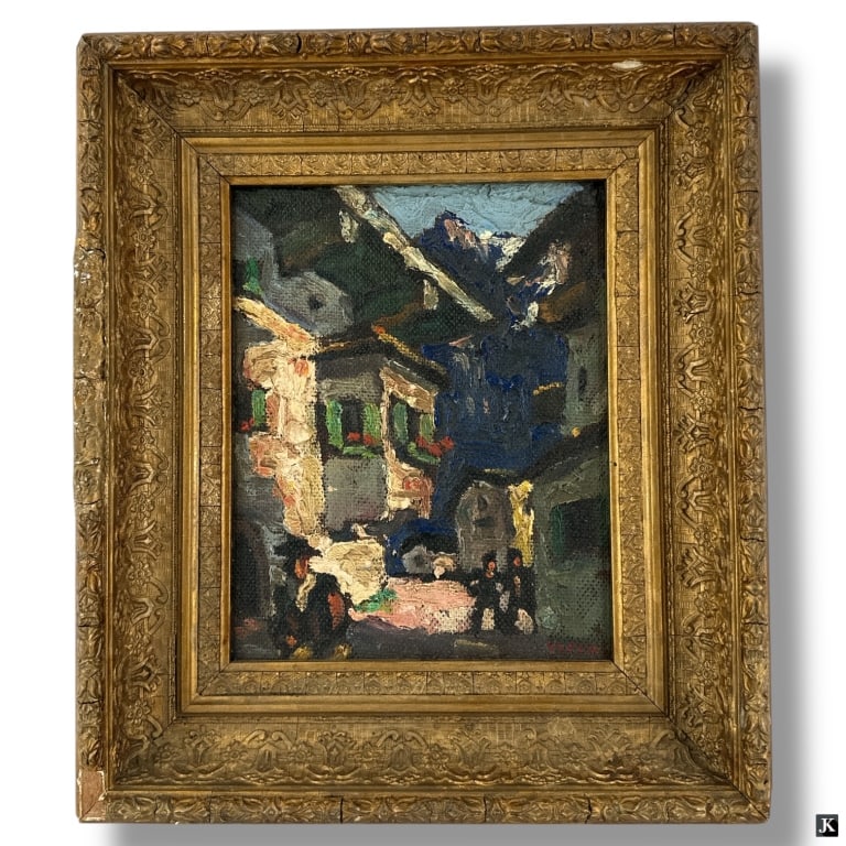 Vintage Judaica Oil on Masonite "Men in Village": Vintage Judaica Oil on Masonite "Men in Village" . Signed lower right Yaren? Lower right. Painting in good condition, small losses to frame from age and storage. Measures 10" x 8", frame measures 14-3